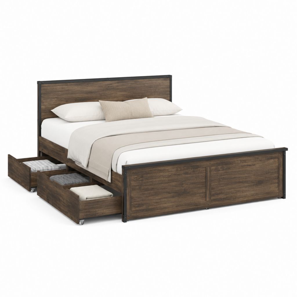 Lit double avec rangement marron foncé en panneaux de particules et acier 160 x 200 cm