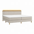 Lit boxspring 180 x 200 cm beige en polyester avec tête de lit et pieds en bois massif
