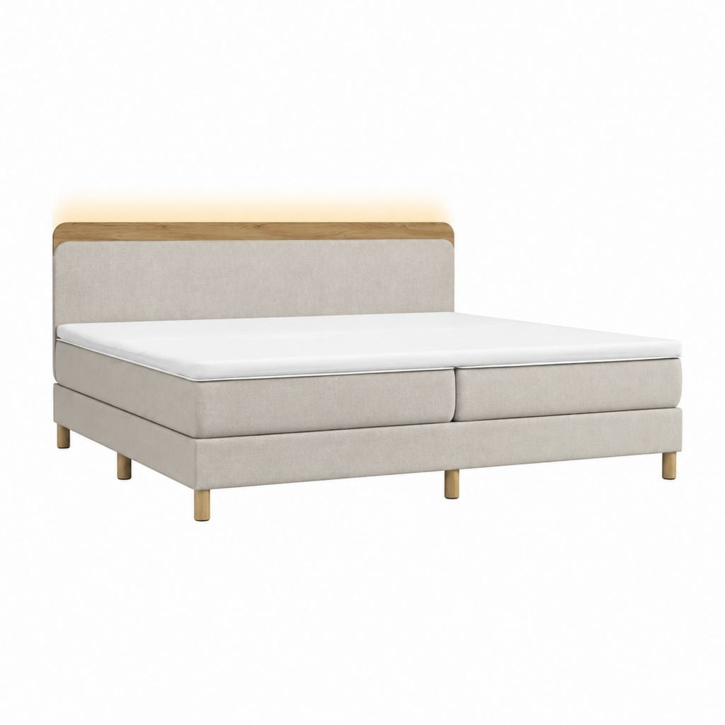 Lit boxspring 180 x 200 cm beige en polyester avec tête de lit et pieds en bois massif
