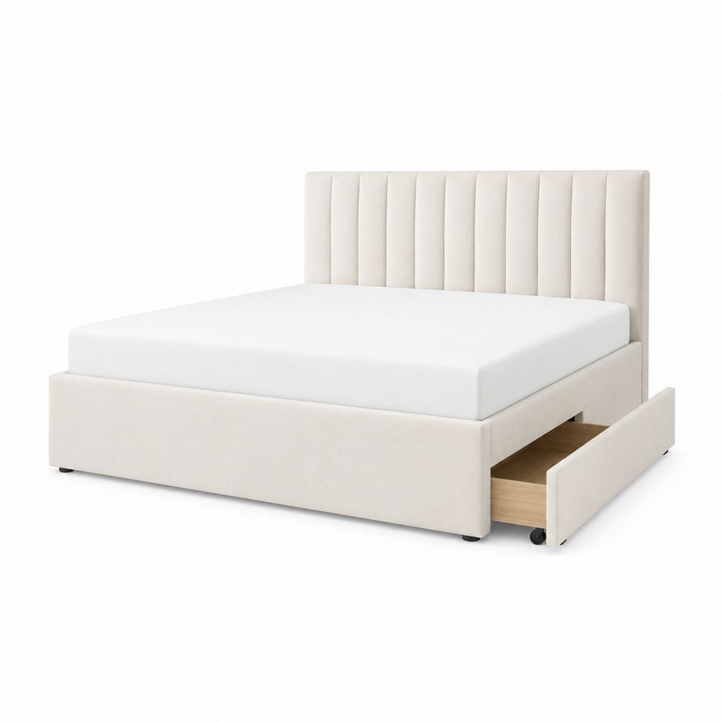Lit coffre 160 x 200 cm beige en polyester avec tiroir latéral et tête de lit capitonnée