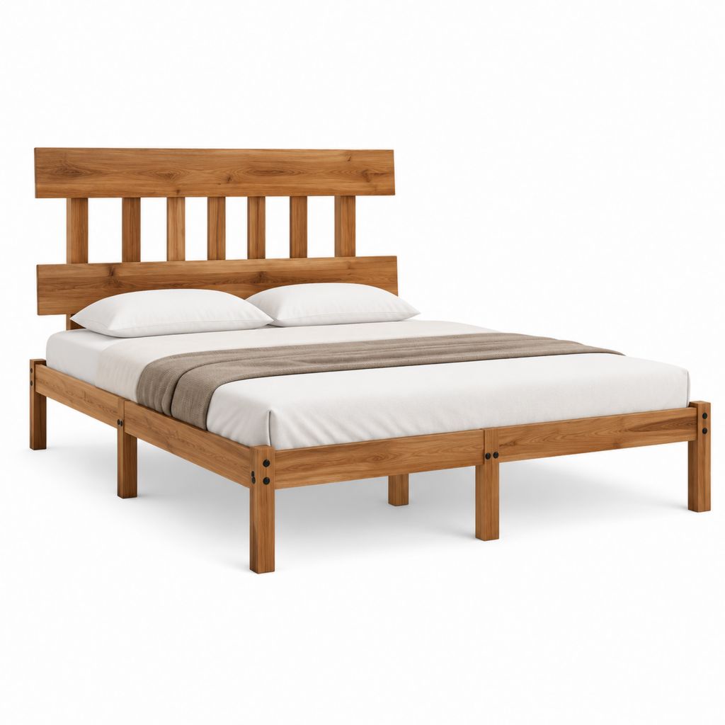 Cadre de lit double en bois massif d'acacia marron 160 x 200 cm avec tête de lit à barreaux