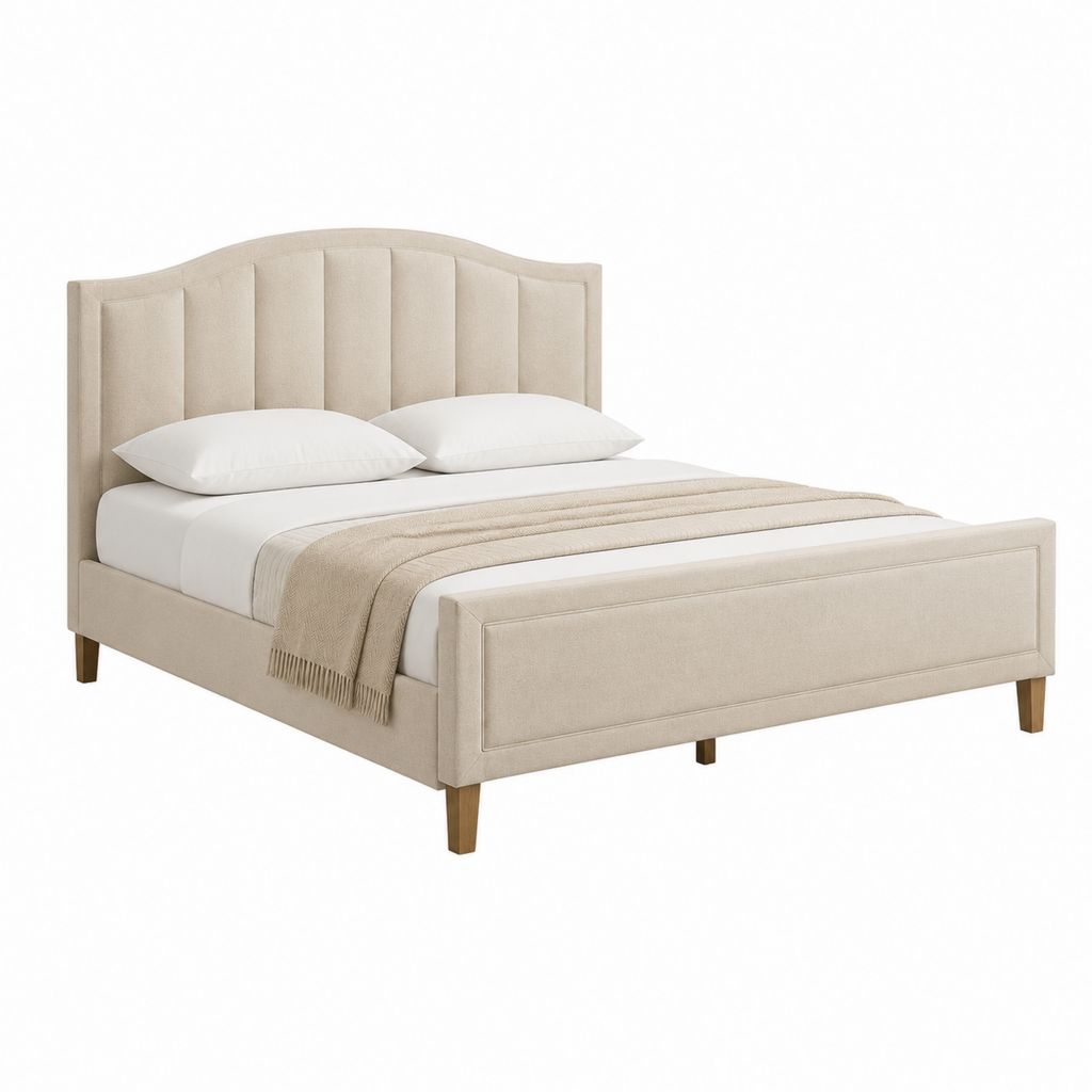 Cadre de lit double beige en polyester avec tête de lit capitonnée 160 x 200 cm