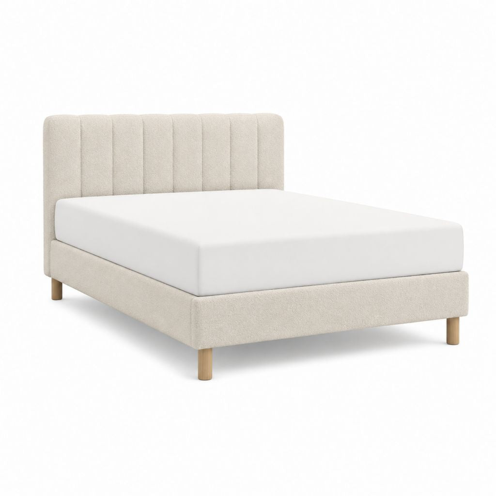 Lit double 160 x 200 cm beige en polyester avec tête de lit capitonnée