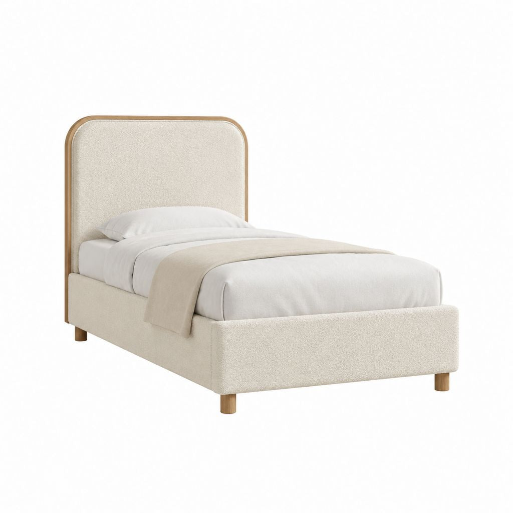 Lit une place beige en polyester bouclette avec cadre en pin massif 90 x 190 cm