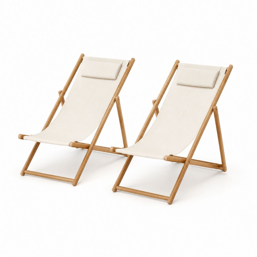 Lot de 2 chiliennes pliantes beige en bois massif d'acacia et toile de coton 58 x 100 x 80 cm