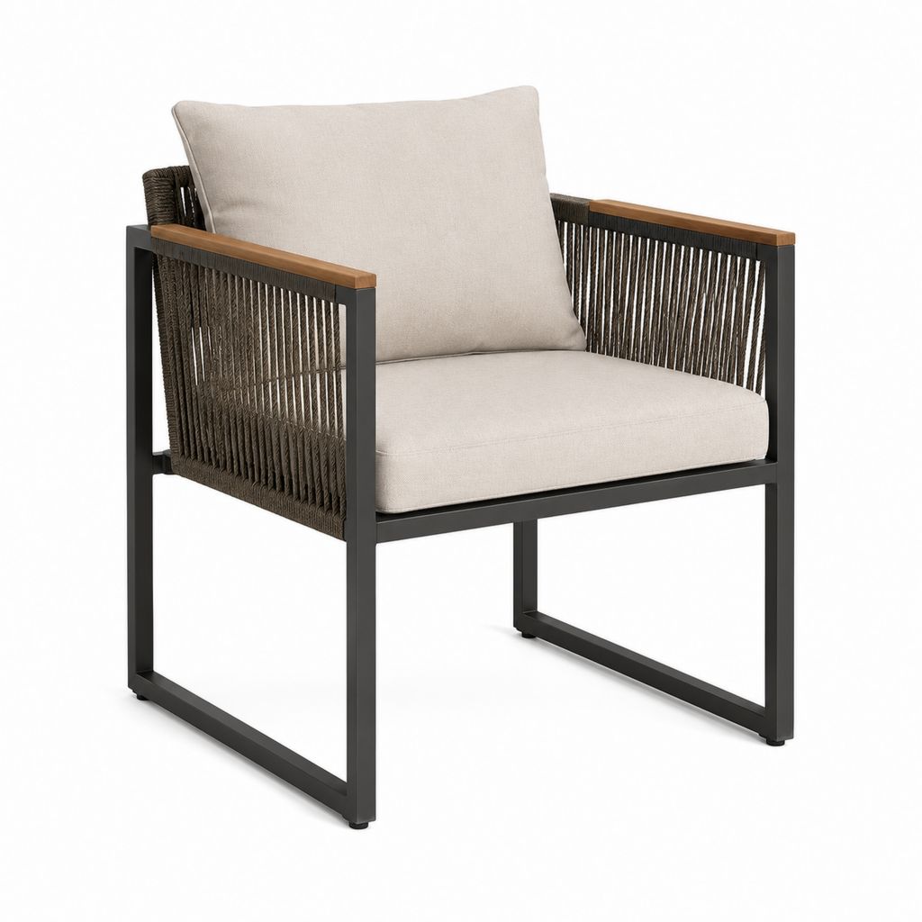 Fauteuil de jardin beige et noir en aluminium corde polyester et acacia 65 x 70 x 80 cm