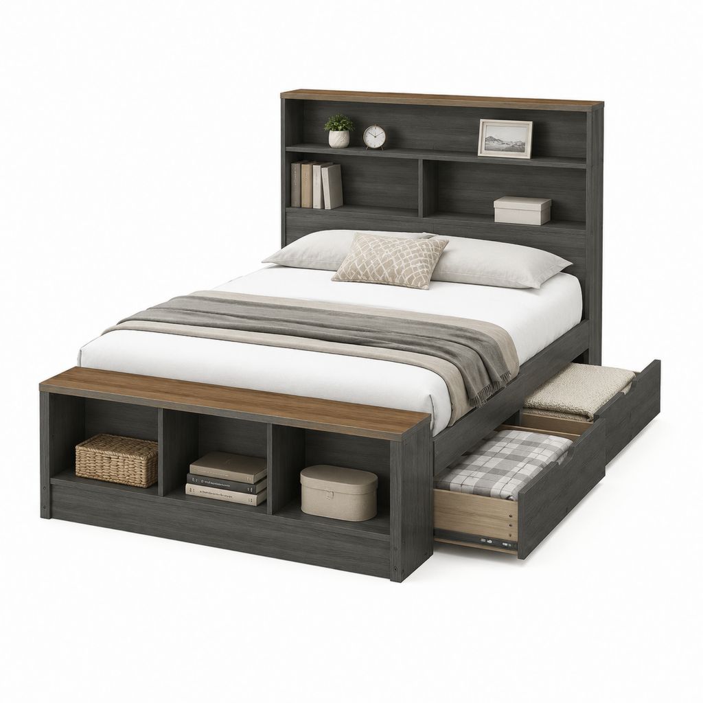 Lit double 160 x 200 cm gris anthracite en panneaux de particules avec tête de lit rangement tiroirs et banc de pied