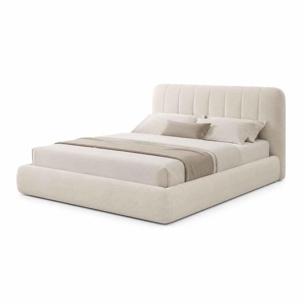 Lit adulte capitonné beige en polyester avec tête de lit 160 x 200 cm
