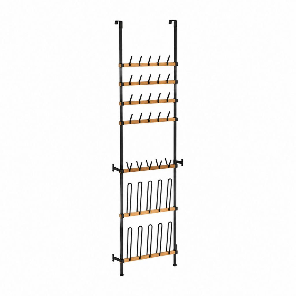 Range chaussures suspendu de porte noir et naturel en acier carbone et bambou 60 x 20 x 180 cm