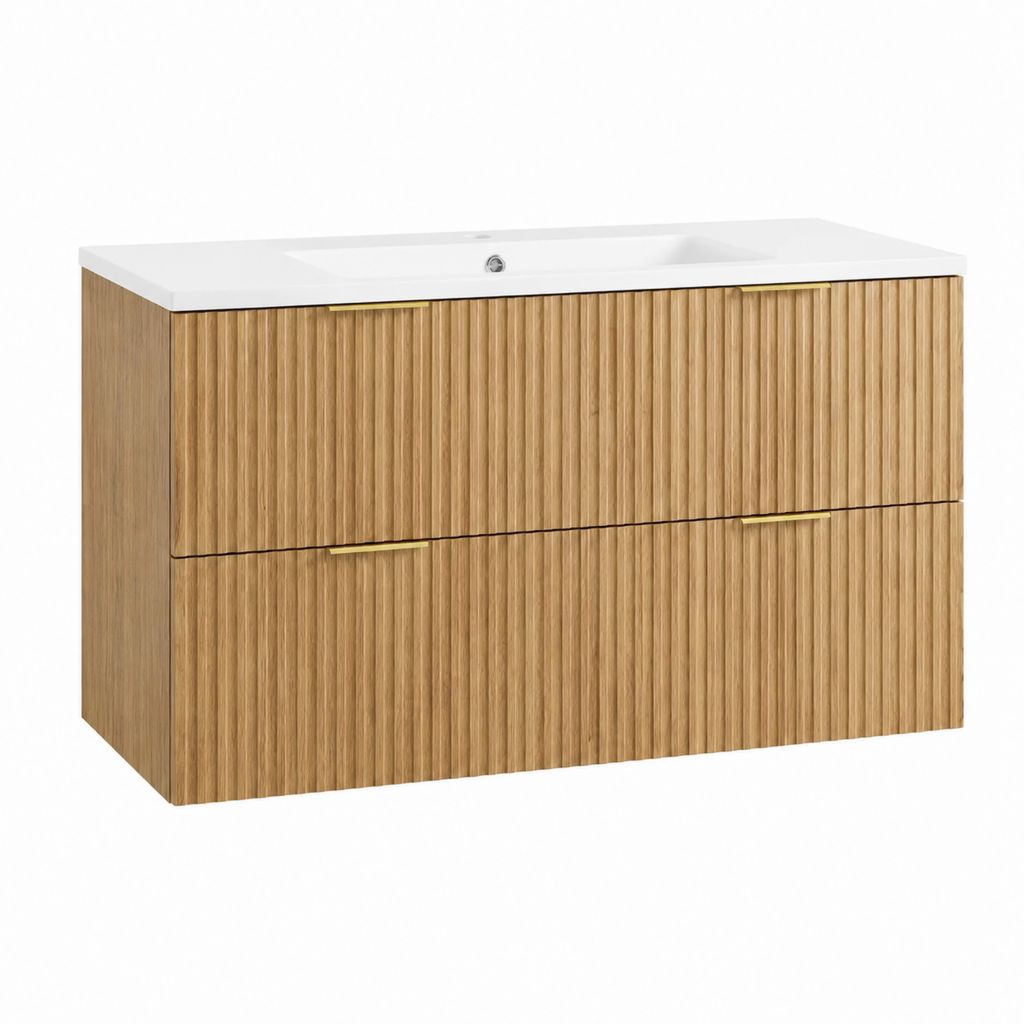 Meuble sous vasque suspendu rectangulaire chêne rainuré MDF avec vasque blanche 100 x 46 x 55 cm