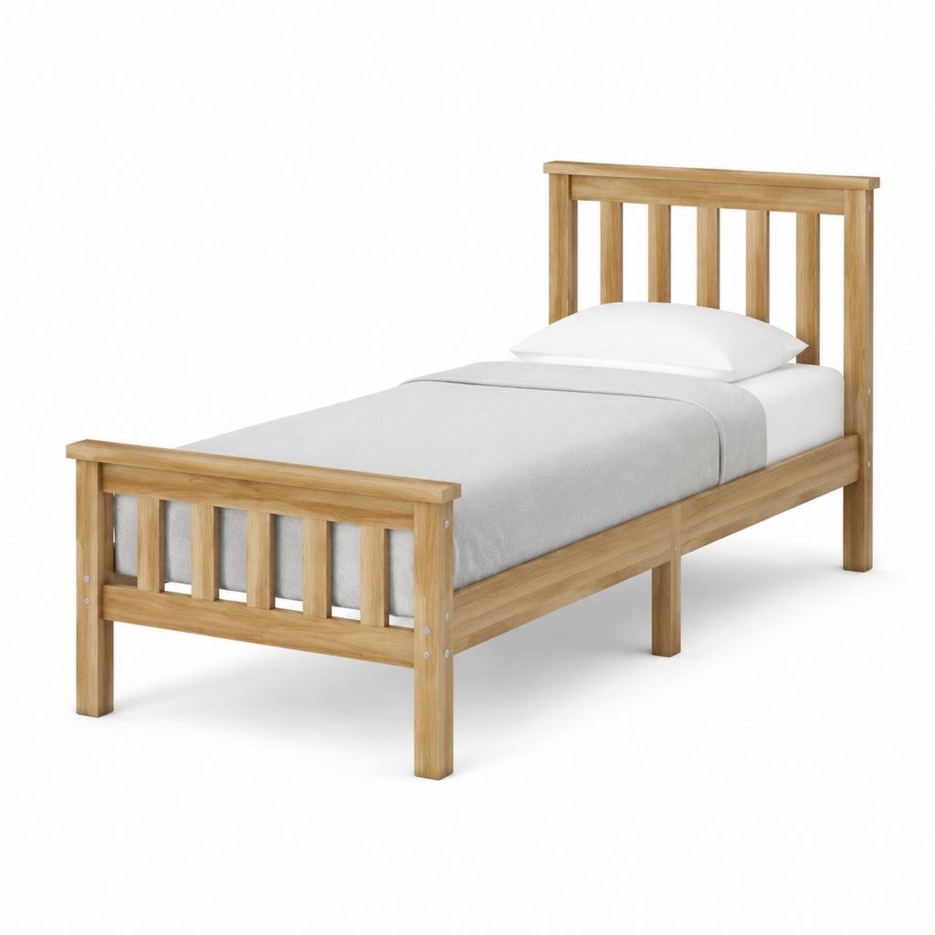Lit simple 90 x 190 cm en pin massif naturel avec tête et pied à barreaux